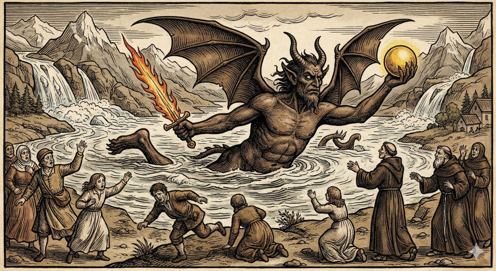 Hình ảnh Chúa Quỷ bơi giữa dòng nước, minh họa bởi Gemini.